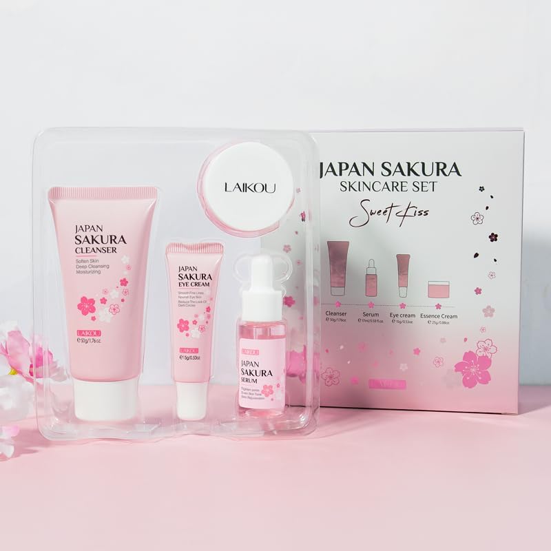 LAIKOU Skin Care Set JAPAN SAKURA Women Beauty Gift Sets Skin Care Kit with Cleanser, Toner, Lotion, Serum, Eye Cream, Face Cream Travel Kit for Women Teen Girls Mom Daughter TSA-friendly Sizes 6pcs