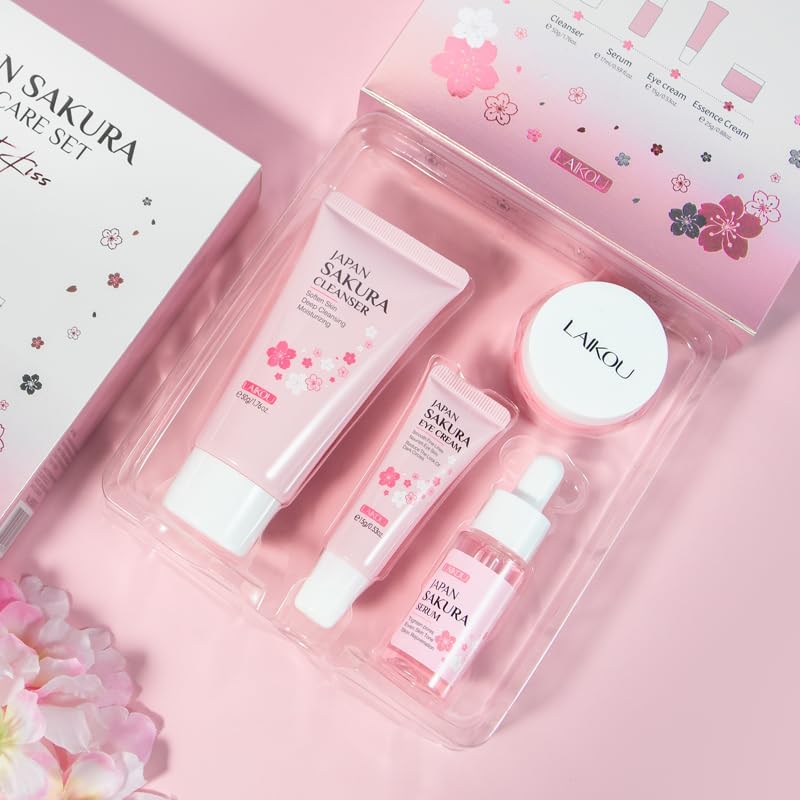 LAIKOU Skin Care Set JAPAN SAKURA Women Beauty Gift Sets Skin Care Kit with Cleanser, Toner, Lotion, Serum, Eye Cream, Face Cream Travel Kit for Women Teen Girls Mom Daughter TSA-friendly Sizes 6pcs