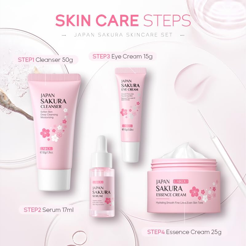 LAIKOU Skin Care Set JAPAN SAKURA Women Beauty Gift Sets Skin Care Kit with Cleanser, Toner, Lotion, Serum, Eye Cream, Face Cream Travel Kit for Women Teen Girls Mom Daughter TSA-friendly Sizes 6pcs
