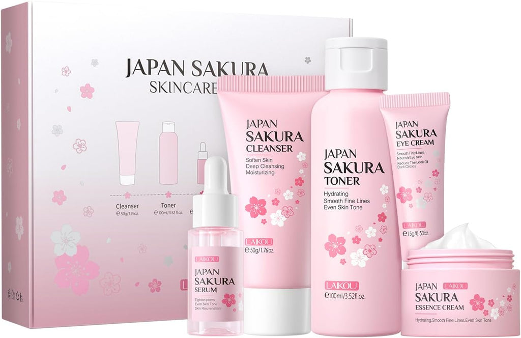 LAIKOU Skin Care Set JAPAN SAKURA Women Beauty Gift Sets Skin Care Kit with Cleanser, Toner, Lotion, Serum, Eye Cream, Face Cream Travel Kit for Women Teen Girls Mom Daughter TSA-friendly Sizes 6pcs