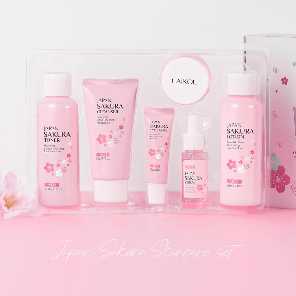 LAIKOU Skin Care Set JAPAN SAKURA Women Beauty Gift Sets Skin Care Kit with Cleanser, Toner, Lotion, Serum, Eye Cream, Face Cream Travel Kit for Women Teen Girls Mom Daughter TSA-friendly Sizes 6pcs