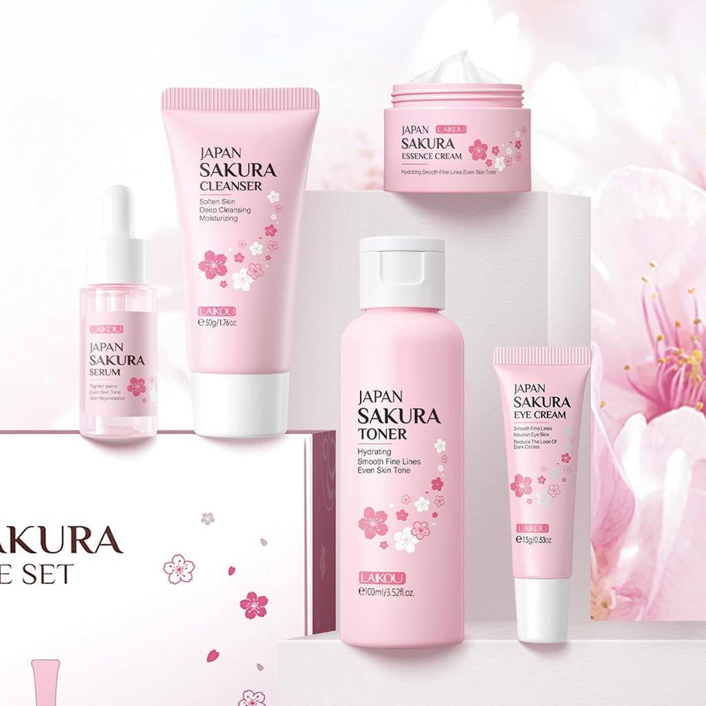 LAIKOU Skin Care Set JAPAN SAKURA Women Beauty Gift Sets Skin Care Kit with Cleanser, Toner, Lotion, Serum, Eye Cream, Face Cream Travel Kit for Women Teen Girls Mom Daughter TSA-friendly Sizes 6pcs