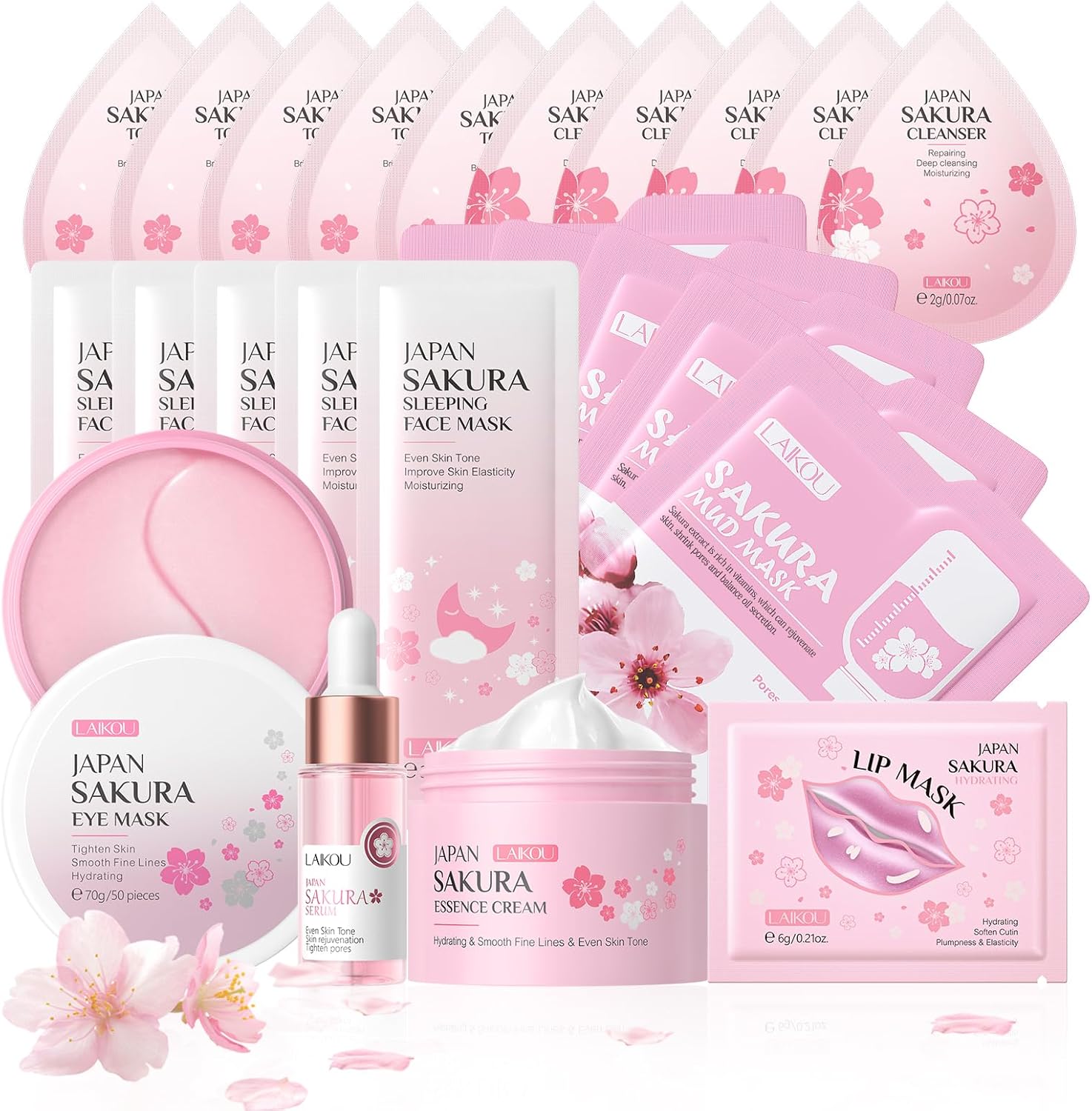Sakura Skin Care Set - Toner, Cleanser, Face Serum, Cream, 2 Type Facial Mask, Eye & Lip Mask, 24PCS