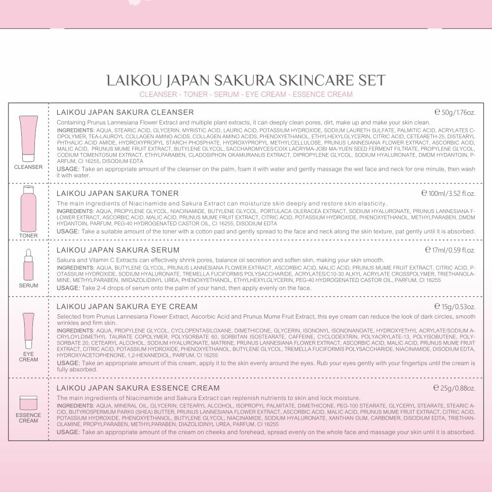 LAIKOU Skin Care Set JAPAN SAKURA Women Beauty Gift Sets Skin Care Kit with Cleanser, Toner, Serum, Eye Cream, Face Cream Travel Kit for Women Teen Girls Mom Daughter Birthday TSA-friendly Sizes 5pcs