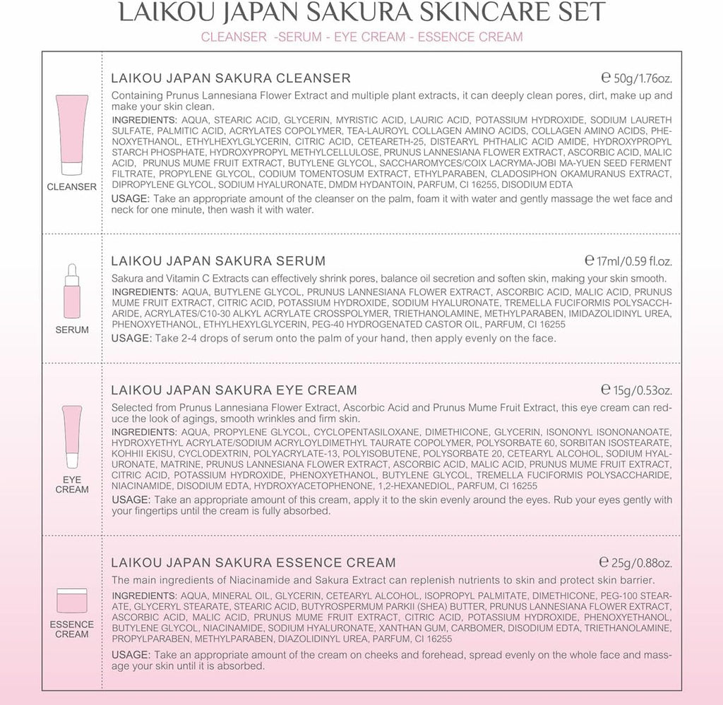 LAIKOU Skin Care Set JAPAN SAKURA Women Beauty Gift Sets Skin Care Kit with Cleanser, Toner, Lotion, Serum, Eye Cream, Face Cream Travel Kit for Women Teen Girls Mom Daughter TSA-friendly Sizes 6pcs