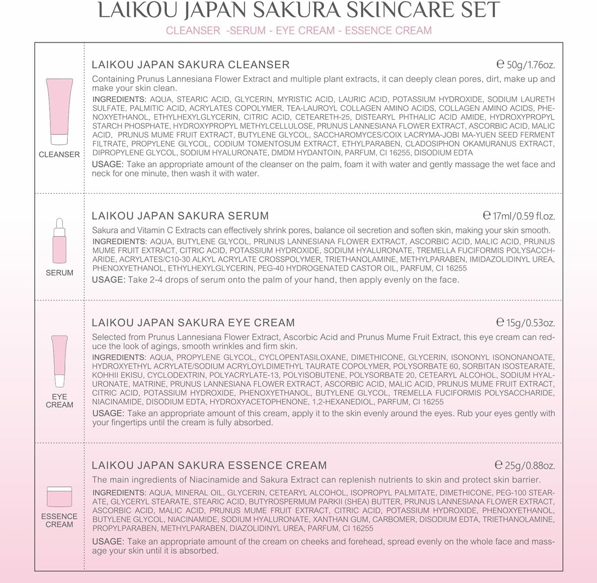 LAIKOU Skin Care Set JAPAN SAKURA Women Beauty Gift Sets Skin Care Kit with Cleanser, Toner, Lotion, Serum, Eye Cream, Face Cream Travel Kit for Women Teen Girls Mom Daughter TSA-friendly Sizes 6pcs