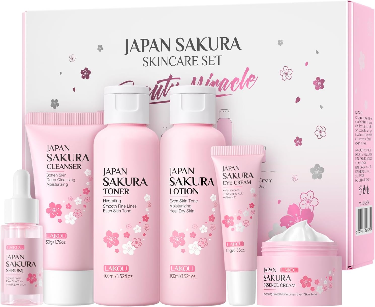 LAIKOU Skin Care Set JAPAN SAKURA Women Beauty Gift Sets Skin Care Kit with Cleanser, Toner, Lotion, Serum, Eye Cream, Face Cream Travel Kit for Women Teen Girls Mom Daughter TSA-friendly Sizes 6pcs