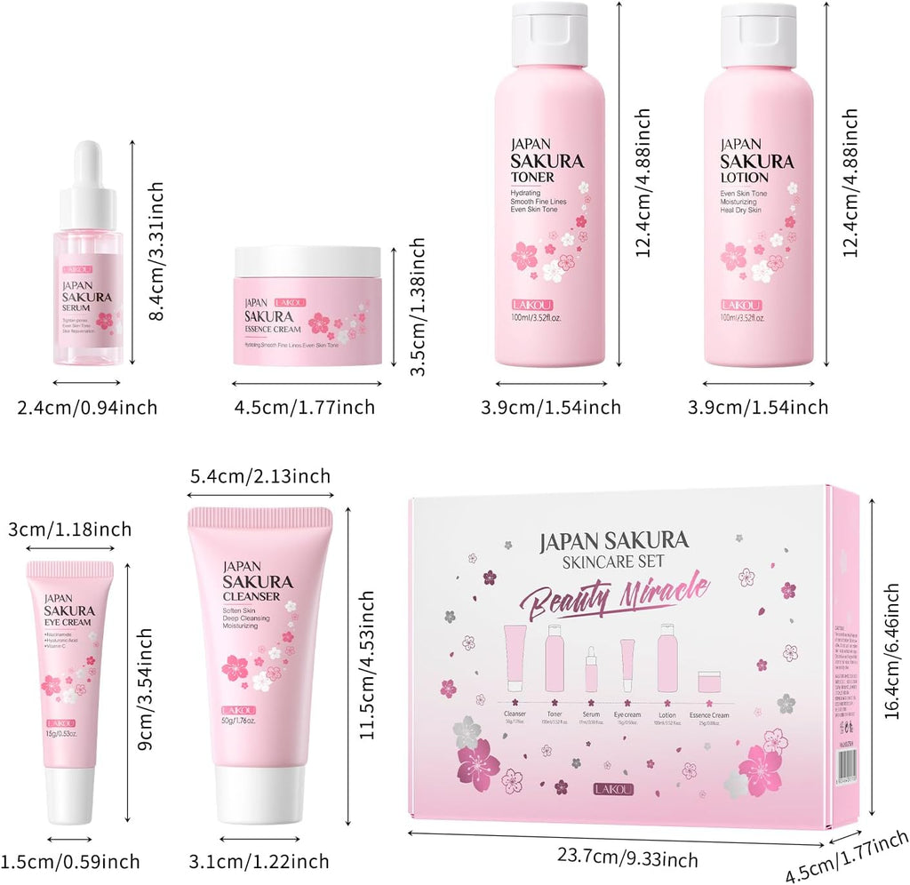 LAIKOU Skin Care Set JAPAN SAKURA Women Beauty Gift Sets Skin Care Kit with Cleanser, Toner, Lotion, Serum, Eye Cream, Face Cream Travel Kit for Women Teen Girls Mom Daughter TSA-friendly Sizes 6pcs