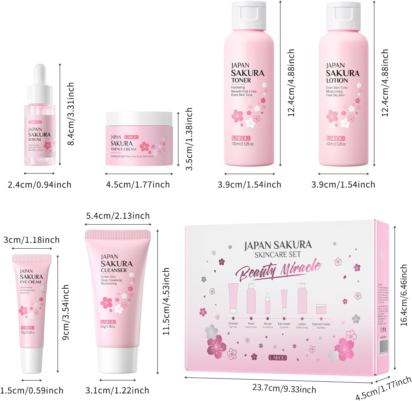 LAIKOU Skin Care Set JAPAN SAKURA Women Beauty Gift Sets Skin Care Kit with Cleanser, Toner, Serum, Eye Cream, Face Cream Travel Kit for Women Teen Girls Mom Daughter Birthday TSA-friendly Sizes 5pcs