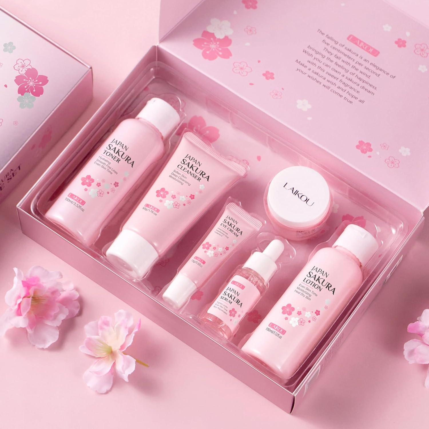 LAIKOU Skin Care Set JAPAN SAKURA Women Beauty Gift Sets Skin Care Kit with Cleanser, Toner, Serum, Eye Cream, Face Cream Travel Kit for Women Teen Girls Mom Daughter Birthday TSA-friendly Sizes 5pcs